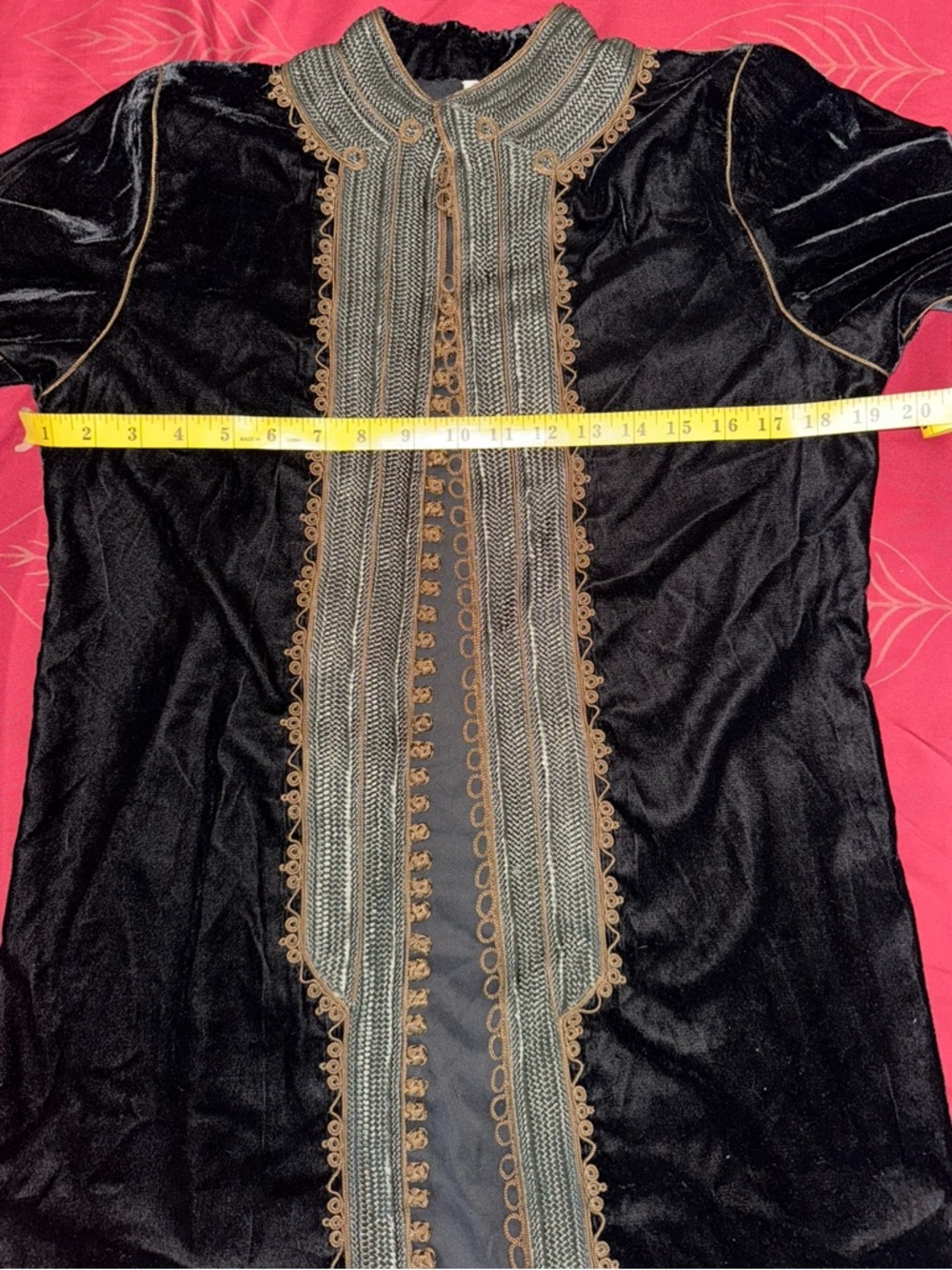 Black Velvet Long Coat with Ornate Gold-Tone Trim - Picture 11 of 16
